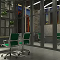 Industrial Style Modern Office Interior With Glass Partitions Green Chairs Plants And City Night View