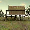 Scenic Traditional Thatched House with Wooden Stilts Surrounded by Trees in Grassland