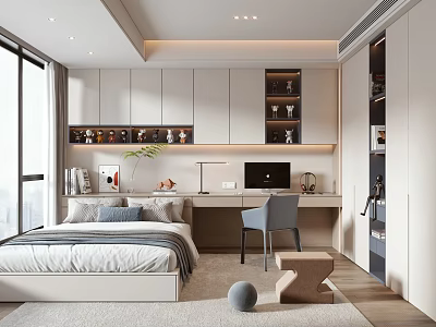 Modern Tatami Bedroom Interior With Wooden Desk Gray Chair Built in Storage Large Window 3d model