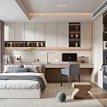 Modern Tatami Bedroom Interior With Wooden Desk Gray Chair Built in Storage Large Window