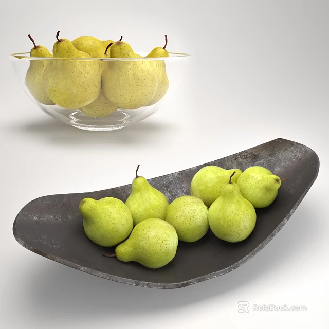 Fresh Green Pears Arranged In Glass Bowl And Black Plate On White Background 3d model 
