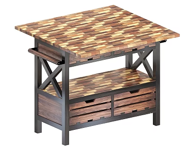 Wooden Dining Table With Rustic Parquet Tabletop Black Metal Frame Drawers And Shelf 3d model