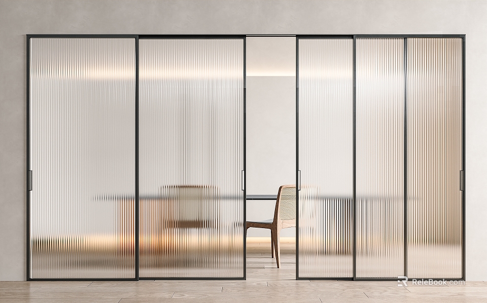 Modern Glass Sliding Doors With Vertical Stripes Interior Design For Space Dividing And Dining Area 3d model 