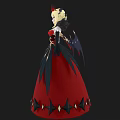 A Woman In Red Long Dress With Red Crown And Black Wings