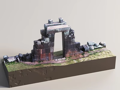 Ancient Stone Memorial Archway Ruins Model On Display Base With Grass 3d model