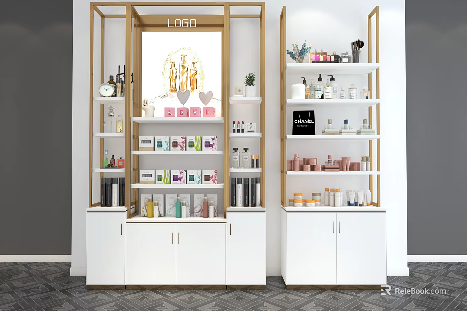 Modern Display Shelves with Cosmetics Skincare Products on Tiers and Lower Cabinets 3d model 