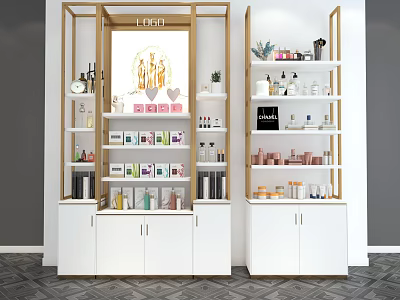 Modern Display Shelves with Cosmetics Skincare Products on Tiers and Lower Cabinets 3d model