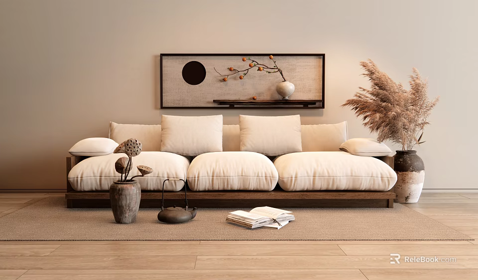 Beige Multi Person Sofa With Plush Cushions Oriental Wall Art Dried Pampas Grass And Books 3d model 