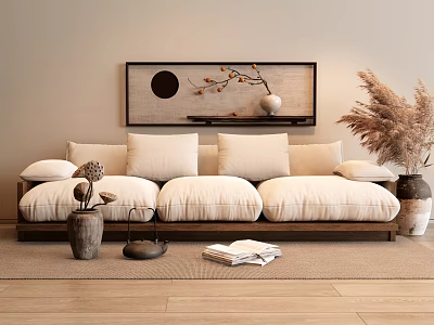 Beige Multi Person Sofa With Plush Cushions Oriental Wall Art Dried Pampas Grass And Books 3d model