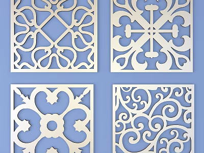 Decorative Carved Lattice Windows With Intricate Floral Patterns On Blue Background 3d model