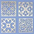 Decorative Carved Lattice Windows With Intricate Floral Patterns On Blue Background