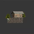 Cartoon Scene With Wooden Cabin Pine Trees Stream And Rocky Terrain