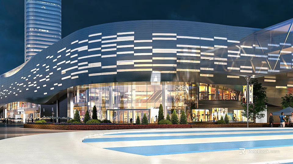 Modern Large Building With Blue White Striped Glass Curtain Walls Night Lighting Trees And Roads 3d model 