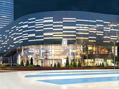Modern Large Building With Blue White Striped Glass Curtain Walls Night Lighting Trees And Roads 3d model