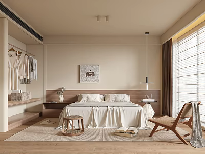 Modern Minimalist Bedroom Interior With Open Closet White Bed Sheets And Shutter Windows 3d model