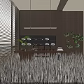 Modern Wooden Tea Table with Tea Set Black Stool Green Plants Window Blinds and Cabinet