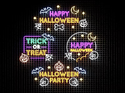 Halloween Decorative Lights Neon Style with Bat Moon Pumpkin Designs on Grid Background 3d model