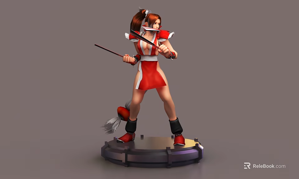 Female Game Character With Dual Sticks Red White Outfit And Ponytail 3d model 
