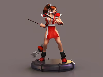Female Game Character With Dual Sticks Red White Outfit And Ponytail 3d model