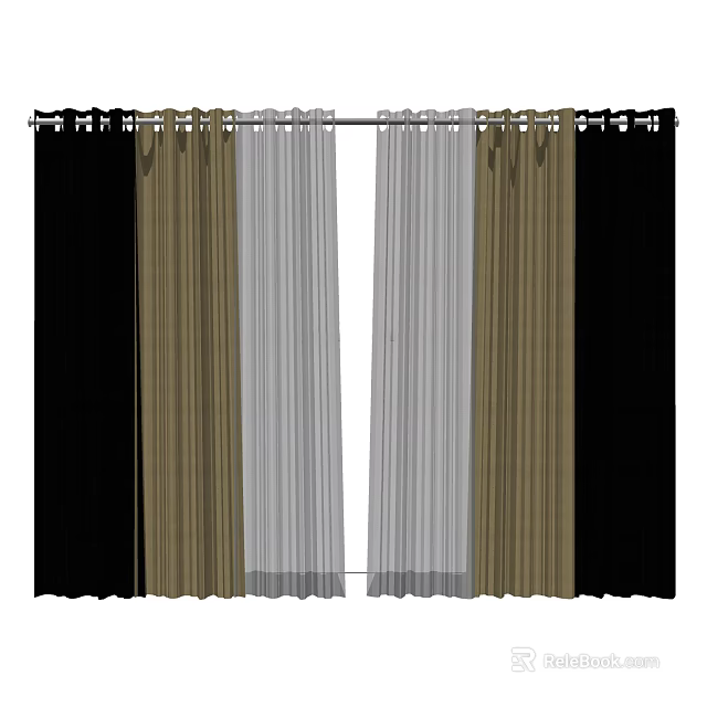 Stylish Black Golden and White Sheer Layered Curtains for Home Interior Decor 3d model 