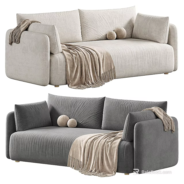 Modern Light And Dark Gray Two Seater Sofa With Round Pillows And Cozy Blanket 3d model 