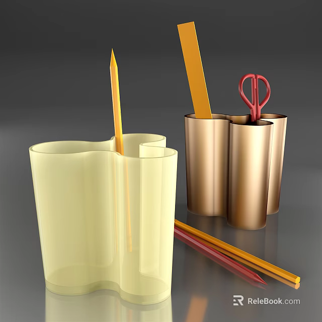 Yellow Transparent Pen Holder With Pencils Golden Container Holding Red Scissors And Ruler 3d model 