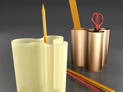 Yellow Transparent Pen Holder With Pencils Golden Container Holding Red Scissors And Ruler 3d model