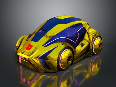 Futuristic Yellow And Blue Car With Red Emblem Pink Rim Lights And Reflective Surface 3d model