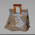 Low Poly Gateway Scene With Red Roof Fence Stone Steps Earthen Slope And Dry Grass