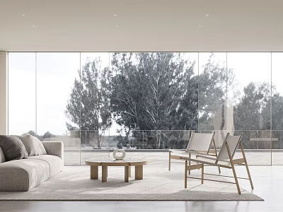 Modern Living Room Interior Design With Large Windows Trees Sofa Coffee Table And Chairs 3d model