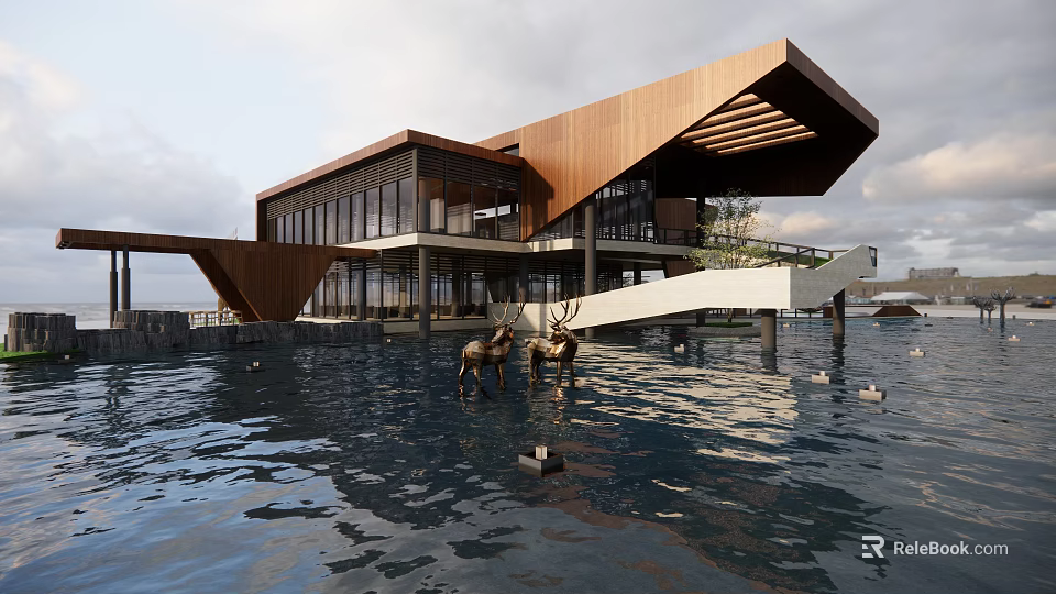 Modern Museum Building Over Water With Wooden Structure Large Windows Deer Sculptures And Water Reflection 3d model 