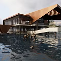 Modern Museum Building Over Water With Wooden Structure Large Windows Deer Sculptures And Water Reflection