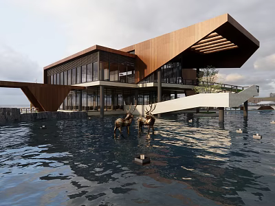 Modern Museum Building Over Water With Wooden Structure Large Windows Deer Sculptures And Water Reflection 3d model