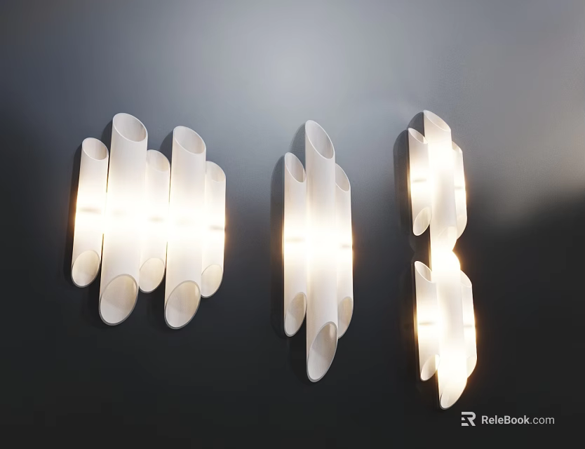 Modern White Curved Wall Lamps Mounted on Dark Wall with Illuminated Design 3d model 
