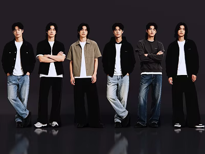 Group of Six Young Men Standing in a Row With Casual Outfits Against Dark Backdrop 3d model