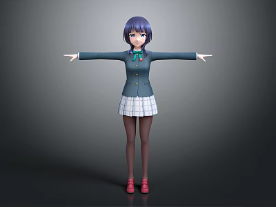 Anime Style Character With Blue Purple Hair Dark Coat White Plaid Skirt And Outstretched Arms 3d model