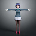 Anime Style Character With Blue Purple Hair Dark Coat White Plaid Skirt And Outstretched Arms