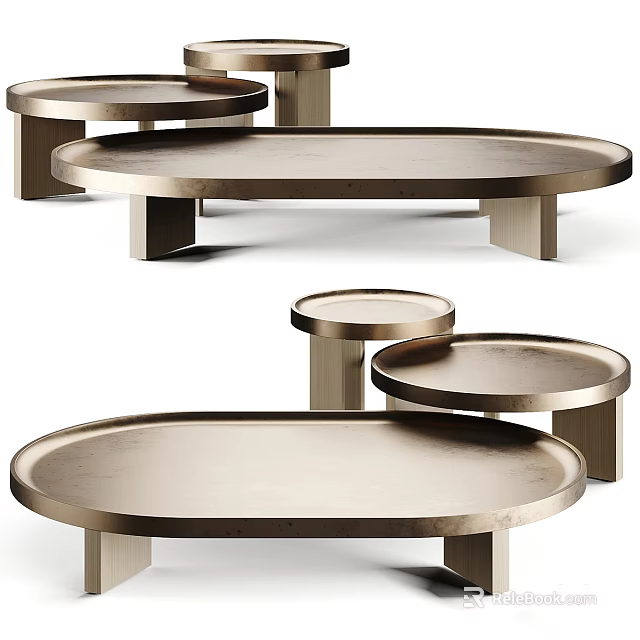 Modern Sofa Coffee Table Set With Oval Wooden Metal Frames And Nested Design 3d model 
