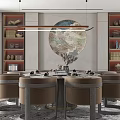 Modern Restaurant Private Room with Round Dining Table Brown Gray Edge Chairs Decorative Painting Bookshelves