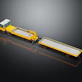 Yellow Flatbed Trailer Truck With Cab And Double Flatbed Sections On Dark Background 3d model