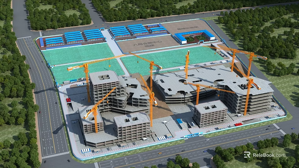 Active Construction Site With Tower Cranes Under Construction Buildings And Green Coverings 3d model 