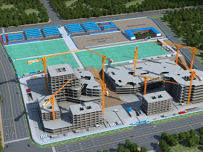 Active Construction Site With Tower Cranes Under Construction Buildings And Green Coverings 3d model