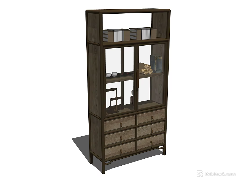Modern Wooden Bookshelf With Glass Doors Drawers And Decorative Items On Shelves 3d model 
