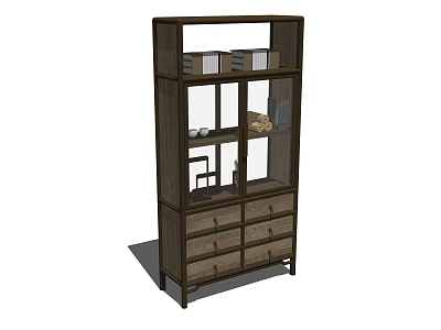 Modern Wooden Bookshelf With Glass Doors Drawers And Decorative Items On Shelves 3d model
