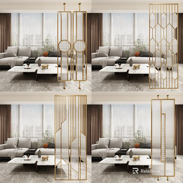 Modern Gold Geometric Room Divider In Luxury Living Room With Sofa And Windows 3d model 