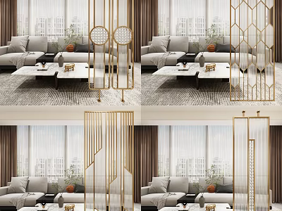 Modern Gold Geometric Room Divider In Luxury Living Room With Sofa And Windows 3d model