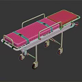 Mobile Medical Stretcher With Pink Mattress Metal Frame Green Straps And Lockable Wheels