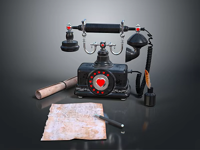 Vintage Telephone With Rolled Paper Old Map And Pen On Dark Surface 3d model