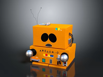 Orange Robot Game And Movie Character With Antennas Big Eyes And Buttons 3d model