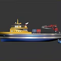 Yellow Cargo Boat with Red Crane Blue Red Containers and Blue White Stripes